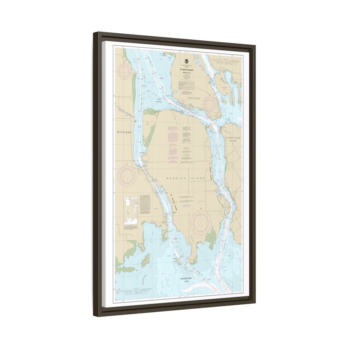 Chart 14887 St Marys River - Vicinity of Neebish Island - NOAA Nautical Chart Floating Frame Canvas | 20" x 30" | 24" x 36" | 32" x 48" - Espresso side