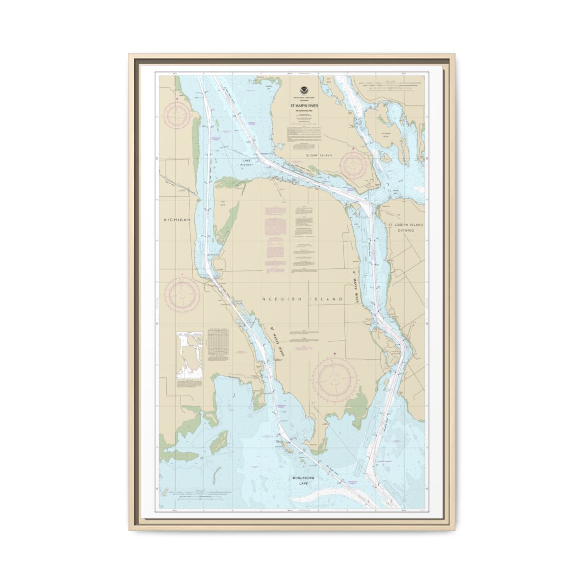 Chart 14887 St Marys River - Vicinity of Neebish Island - NOAA Nautical Chart Floating Frame Canvas | 20" x 30" | 24" x 36" | 32" x 48" - Natural front