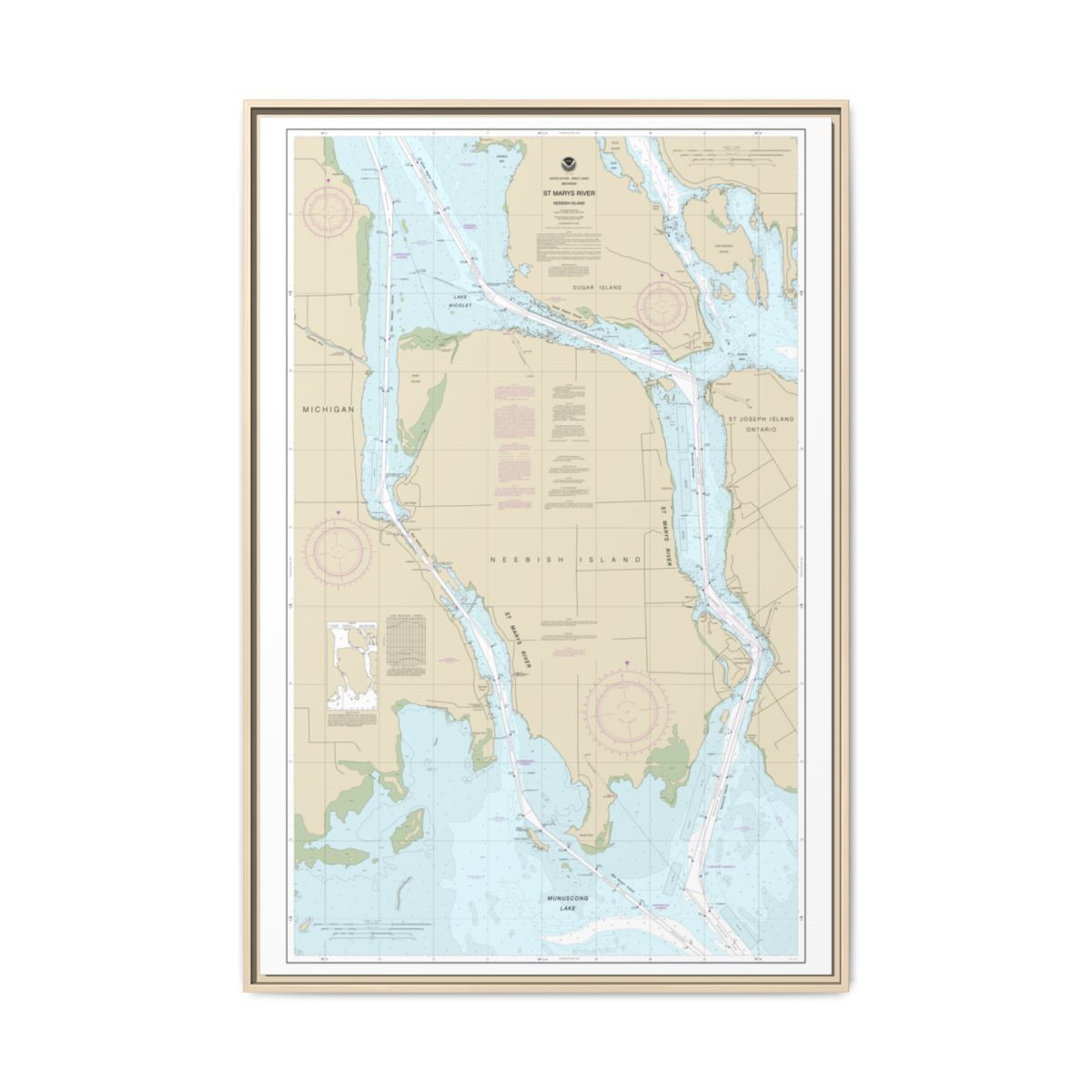 Chart 14887 St Marys River - Vicinity of Neebish Island - NOAA Nautical Chart Floating Frame Canvas | 20" x 30" | 24" x 36" | 32" x 48" - Natural front