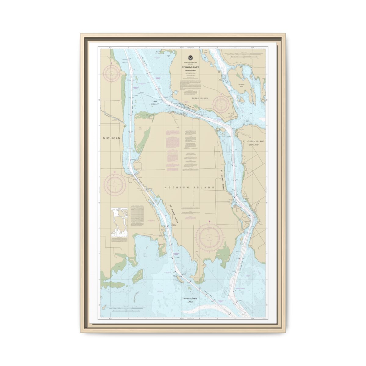 Chart 14887 St Marys River - Vicinity of Neebish Island - NOAA Nautical Chart Floating Frame Canvas | 20" x 30" | 24" x 36" | 32" x 48" - Natural front
