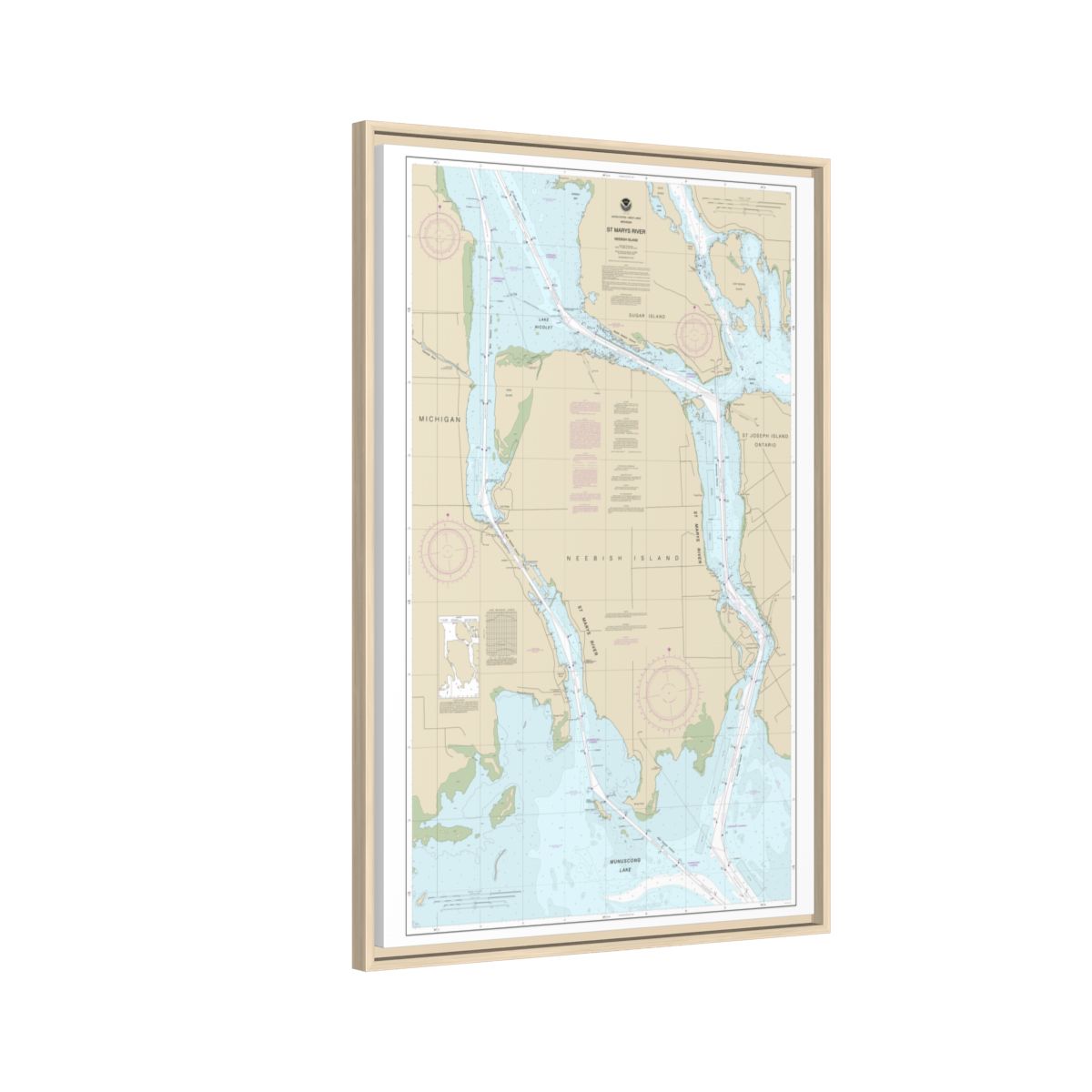 Chart 14887 St Marys River - Vicinity of Neebish Island - NOAA Nautical Chart Floating Frame Canvas | 20" x 30" | 24" x 36" | 32" x 48" - Natural side