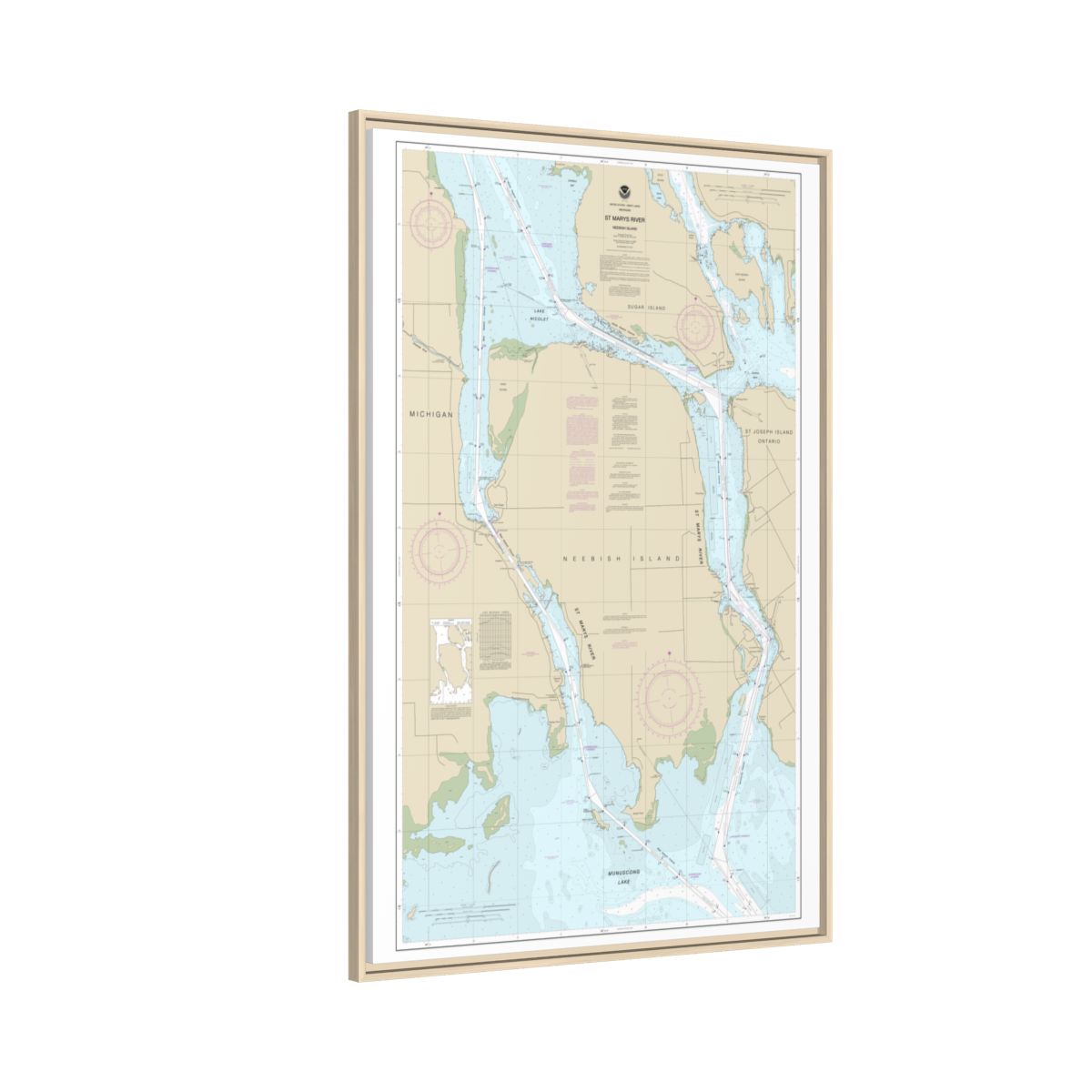 Chart 14887 St Marys River - Vicinity of Neebish Island - NOAA Nautical Chart Floating Frame Canvas | 20" x 30" | 24" x 36" | 32" x 48" - Natural side