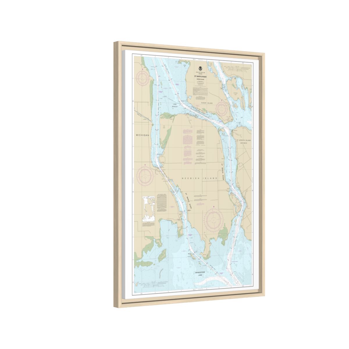 Chart 14887 St Marys River - Vicinity of Neebish Island - NOAA Nautical Chart Floating Frame Canvas | 20" x 30" | 24" x 36" | 32" x 48" - Natural side