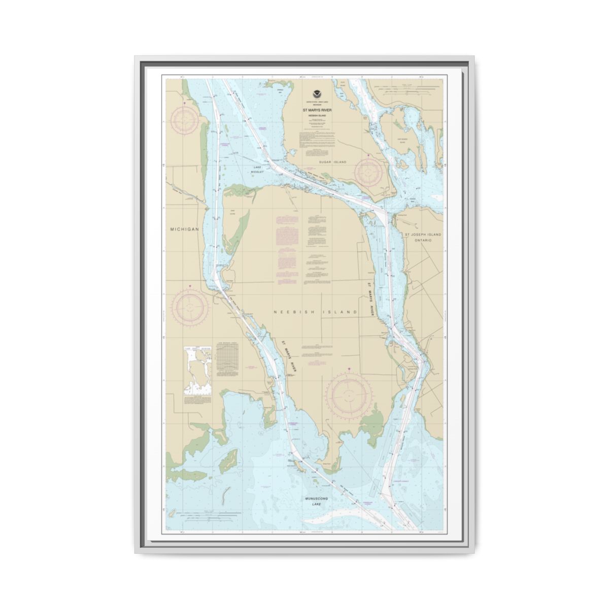 Chart 14887 St Marys River - Vicinity of Neebish Island - NOAA Nautical Chart Floating Frame Canvas | 20" x 30" | 24" x 36" | 32" x 48" - White front