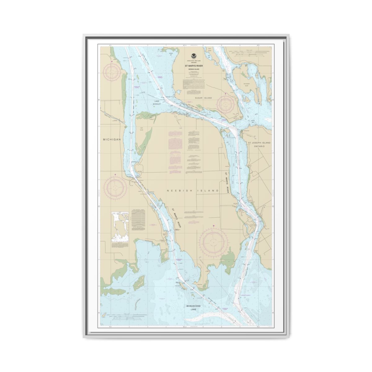 Chart 14887 St Marys River - Vicinity of Neebish Island - NOAA Nautical Chart Floating Frame Canvas | 20" x 30" | 24" x 36" | 32" x 48" - White front