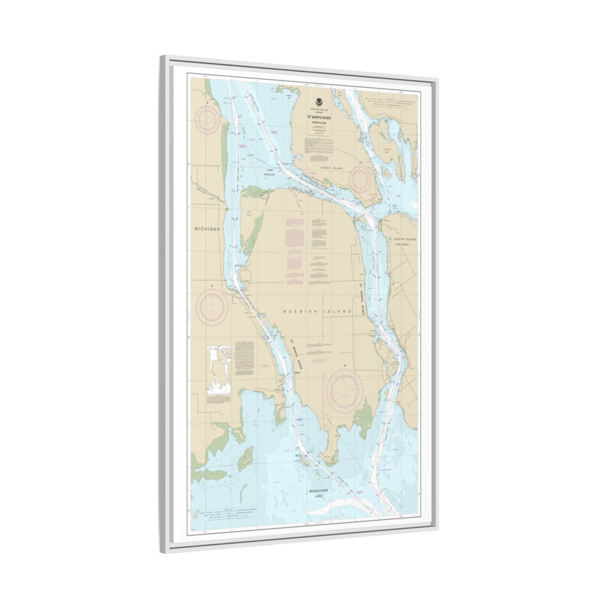 Chart 14887 St Marys River - Vicinity of Neebish Island - NOAA Nautical Chart Floating Frame Canvas | 20" x 30" | 24" x 36" | 32" x 48" - White side