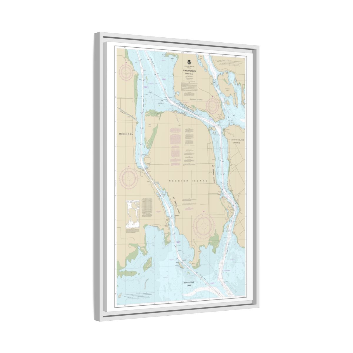 Chart 14887 St Marys River - Vicinity of Neebish Island - NOAA Nautical Chart Floating Frame Canvas | 20" x 30" | 24" x 36" | 32" x 48" - White side