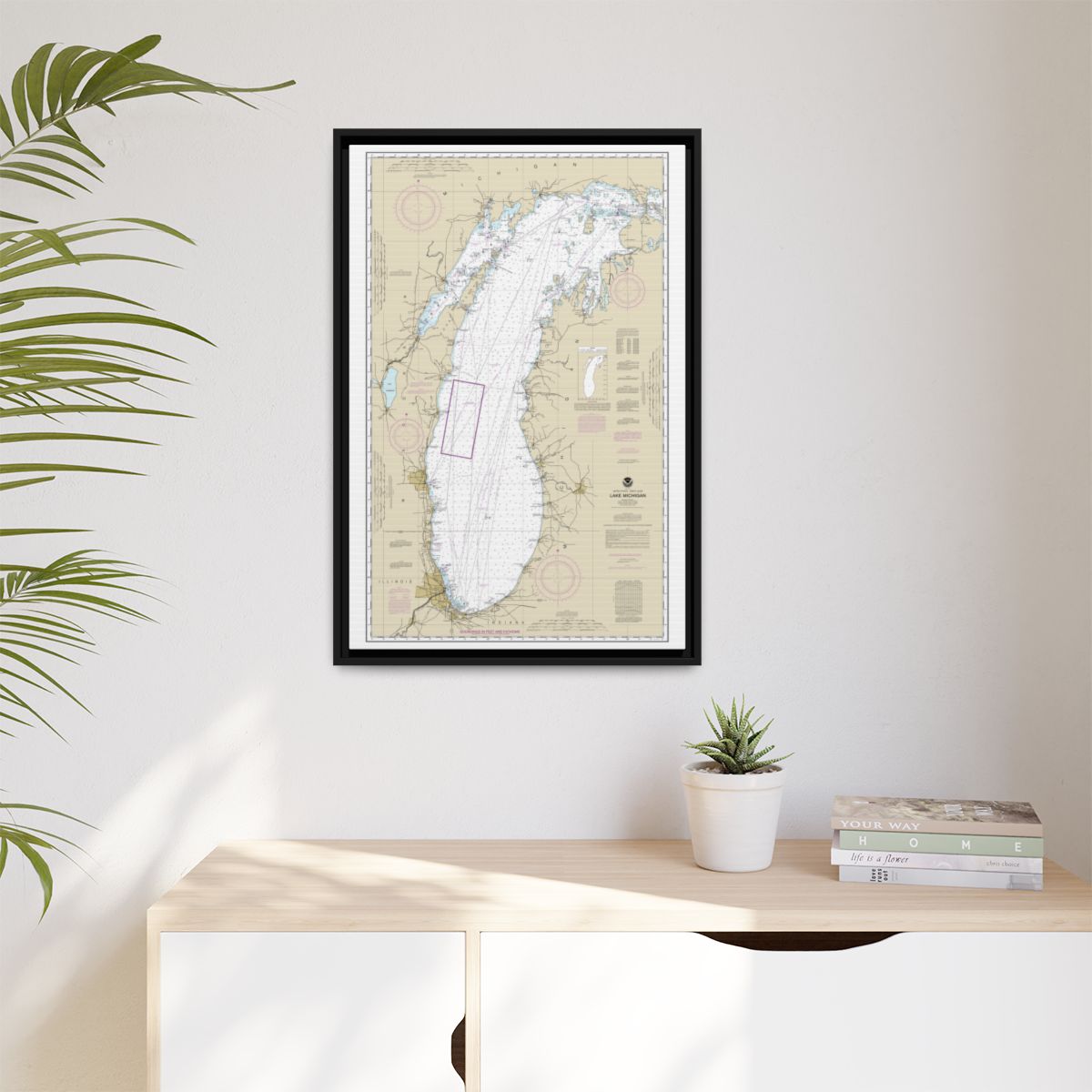 Chart 14901 Lake Michigan (Mercator Projection) - NOAA Nautical Chart Floating Frame Canvas | 20" x 30" | 24" x 36" | 32" x 48" - Black context-1