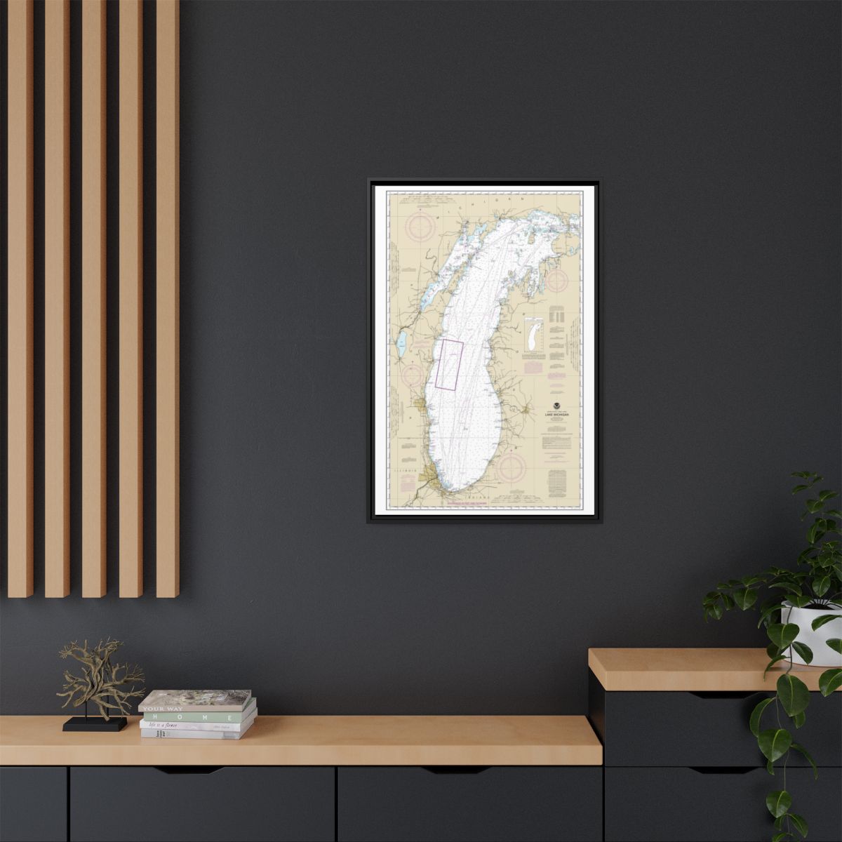 Chart 14901 Lake Michigan (Mercator Projection) - NOAA Nautical Chart Floating Frame Canvas | 20" x 30" | 24" x 36" | 32" x 48" - Black context-2