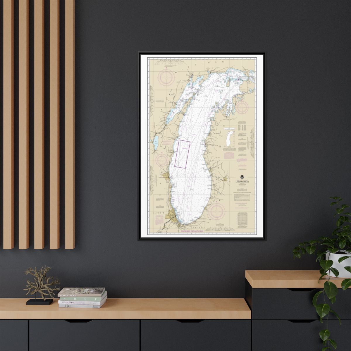 Chart 14901 Lake Michigan (Mercator Projection) - NOAA Nautical Chart Floating Frame Canvas | 20" x 30" | 24" x 36" | 32" x 48" - Black context-2