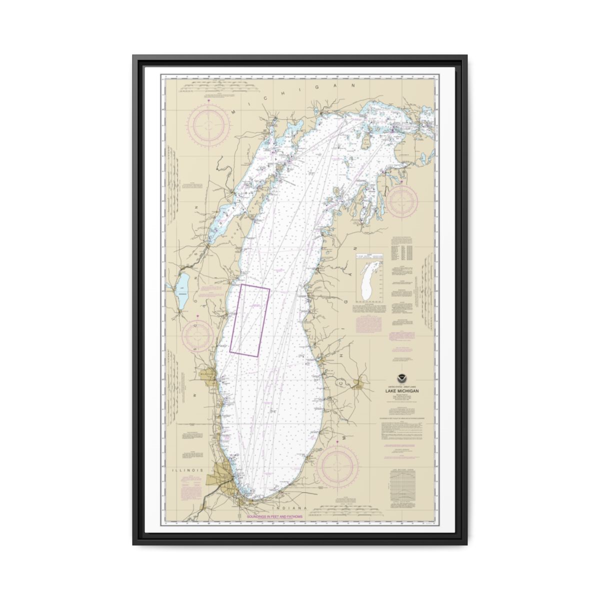Chart 14901 Lake Michigan (Mercator Projection) - NOAA Nautical Chart Floating Frame Canvas | 20" x 30" | 24" x 36" | 32" x 48" - Black front