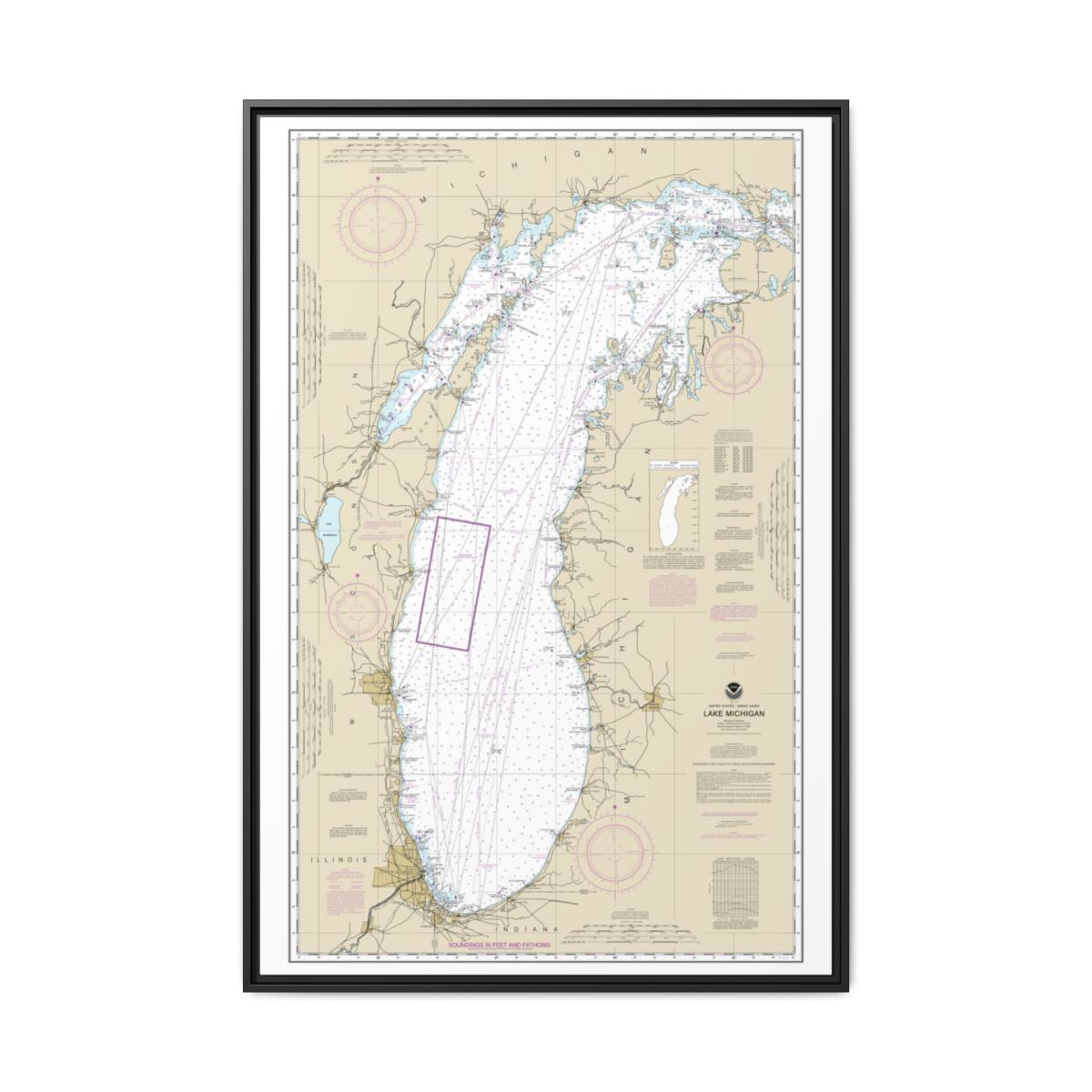 Chart 14901 Lake Michigan (Mercator Projection) - NOAA Nautical Chart Floating Frame Canvas | 20" x 30" | 24" x 36" | 32" x 48" - Black front