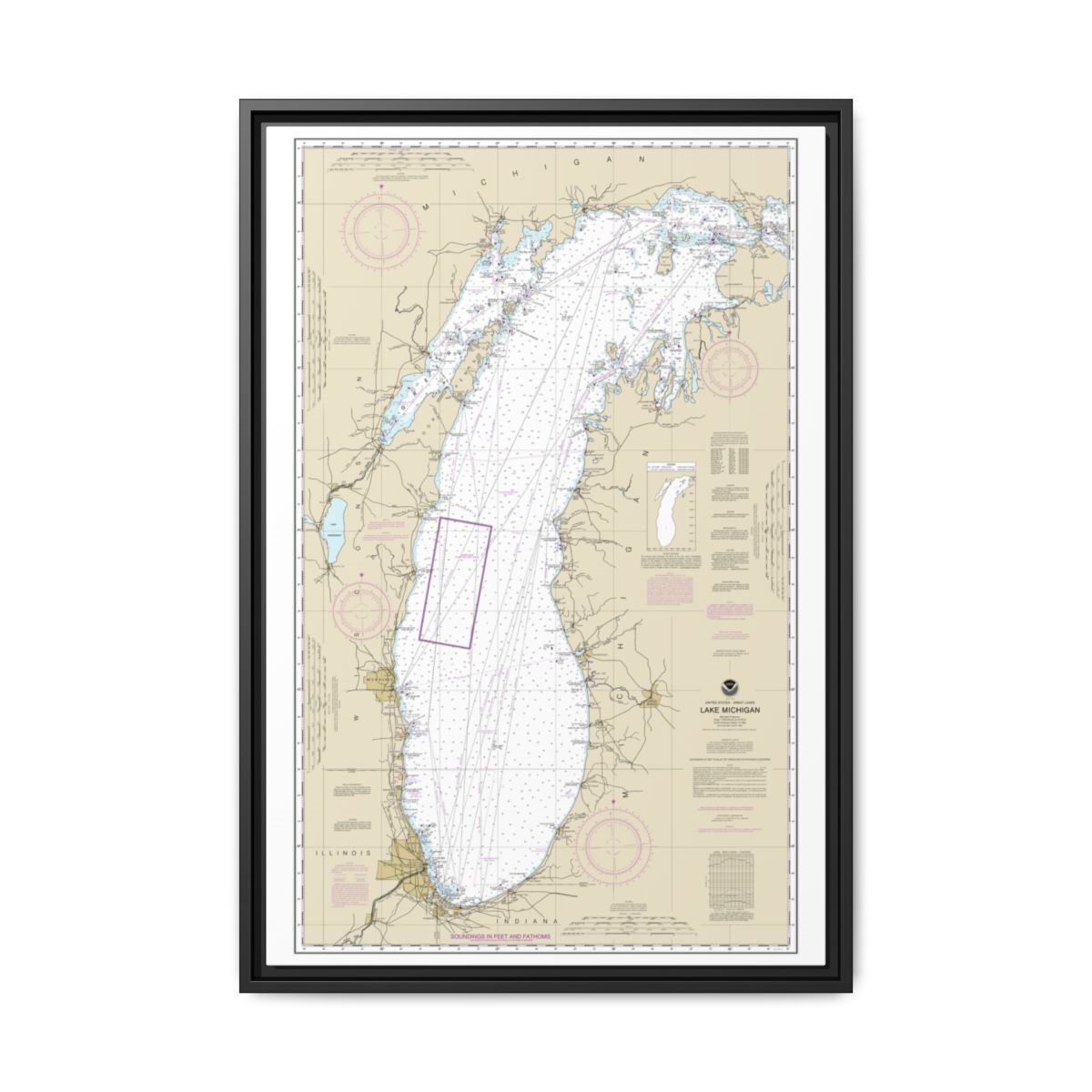 Chart 14901 Lake Michigan (Mercator Projection) - NOAA Nautical Chart Floating Frame Canvas | 20" x 30" | 24" x 36" | 32" x 48" - Black front