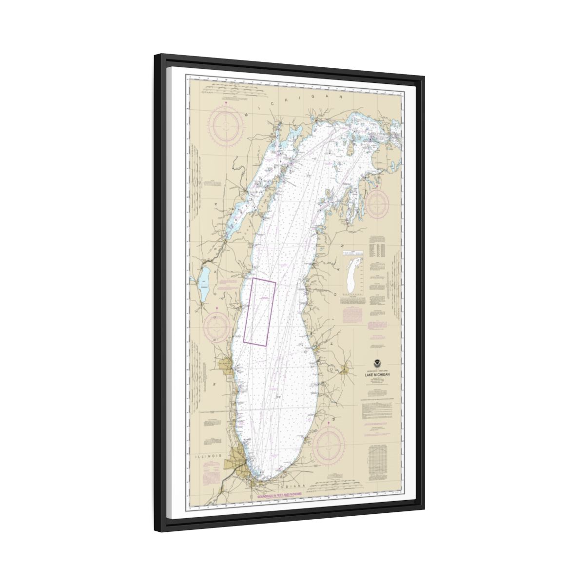 Chart 14901 Lake Michigan (Mercator Projection) - NOAA Nautical Chart Floating Frame Canvas | 20" x 30" | 24" x 36" | 32" x 48" - Black side