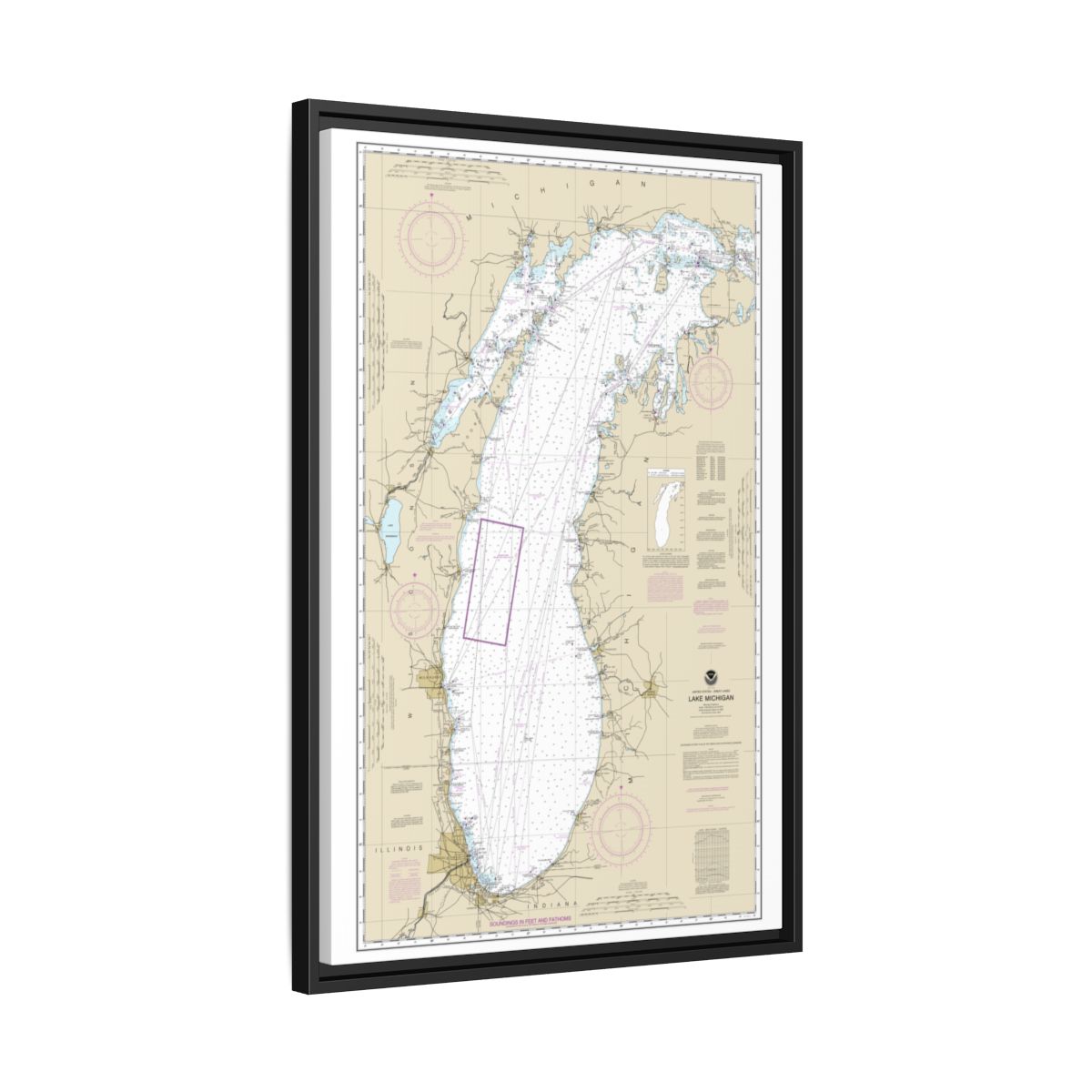 Chart 14901 Lake Michigan (Mercator Projection) - NOAA Nautical Chart Floating Frame Canvas | 20" x 30" | 24" x 36" | 32" x 48" - Black side