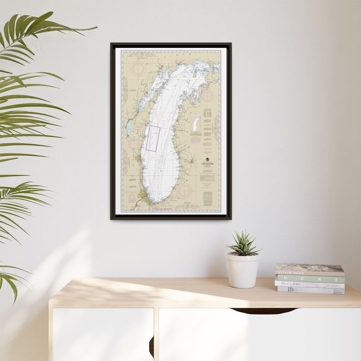 Chart 14901 Lake Michigan (Mercator Projection) - NOAA Nautical Chart Floating Frame Canvas | 20" x 30" | 24" x 36" | 32" x 48" - Espresso context-1
