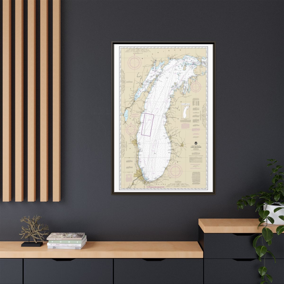 Chart 14901 Lake Michigan (Mercator Projection) - NOAA Nautical Chart Floating Frame Canvas | 20" x 30" | 24" x 36" | 32" x 48" - Espresso context-2