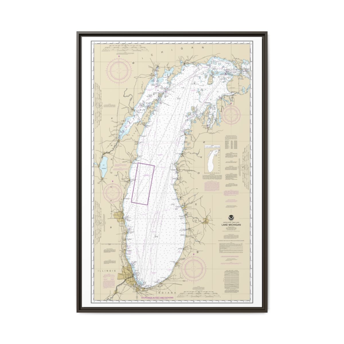 Chart 14901 Lake Michigan (Mercator Projection) - NOAA Nautical Chart Floating Frame Canvas | 20" x 30" | 24" x 36" | 32" x 48" - Espresso front
