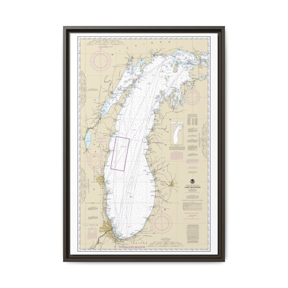 Chart 14901 Lake Michigan (Mercator Projection) - NOAA Nautical Chart Floating Frame Canvas | 20" x 30" | 24" x 36" | 32" x 48" - Espresso front