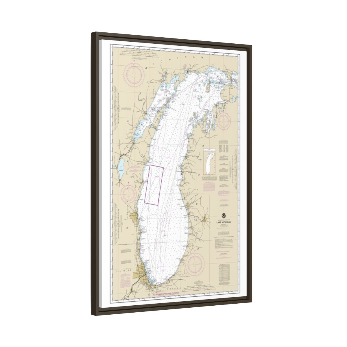 Chart 14901 Lake Michigan (Mercator Projection) - NOAA Nautical Chart Floating Frame Canvas | 20" x 30" | 24" x 36" | 32" x 48" - Espresso side
