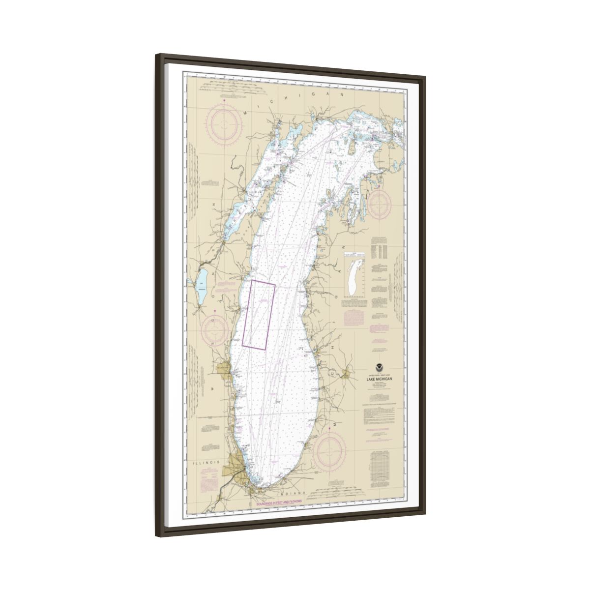 Chart 14901 Lake Michigan (Mercator Projection) - NOAA Nautical Chart Floating Frame Canvas | 20" x 30" | 24" x 36" | 32" x 48" - Espresso side