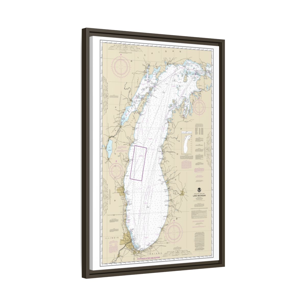 Chart 14901 Lake Michigan (Mercator Projection) - NOAA Nautical Chart Floating Frame Canvas | 20" x 30" | 24" x 36" | 32" x 48" - Espresso side
