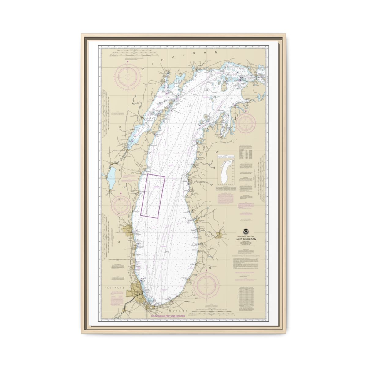 Chart 14901 Lake Michigan (Mercator Projection) - NOAA Nautical Chart Floating Frame Canvas | 20" x 30" | 24" x 36" | 32" x 48" - Natural front