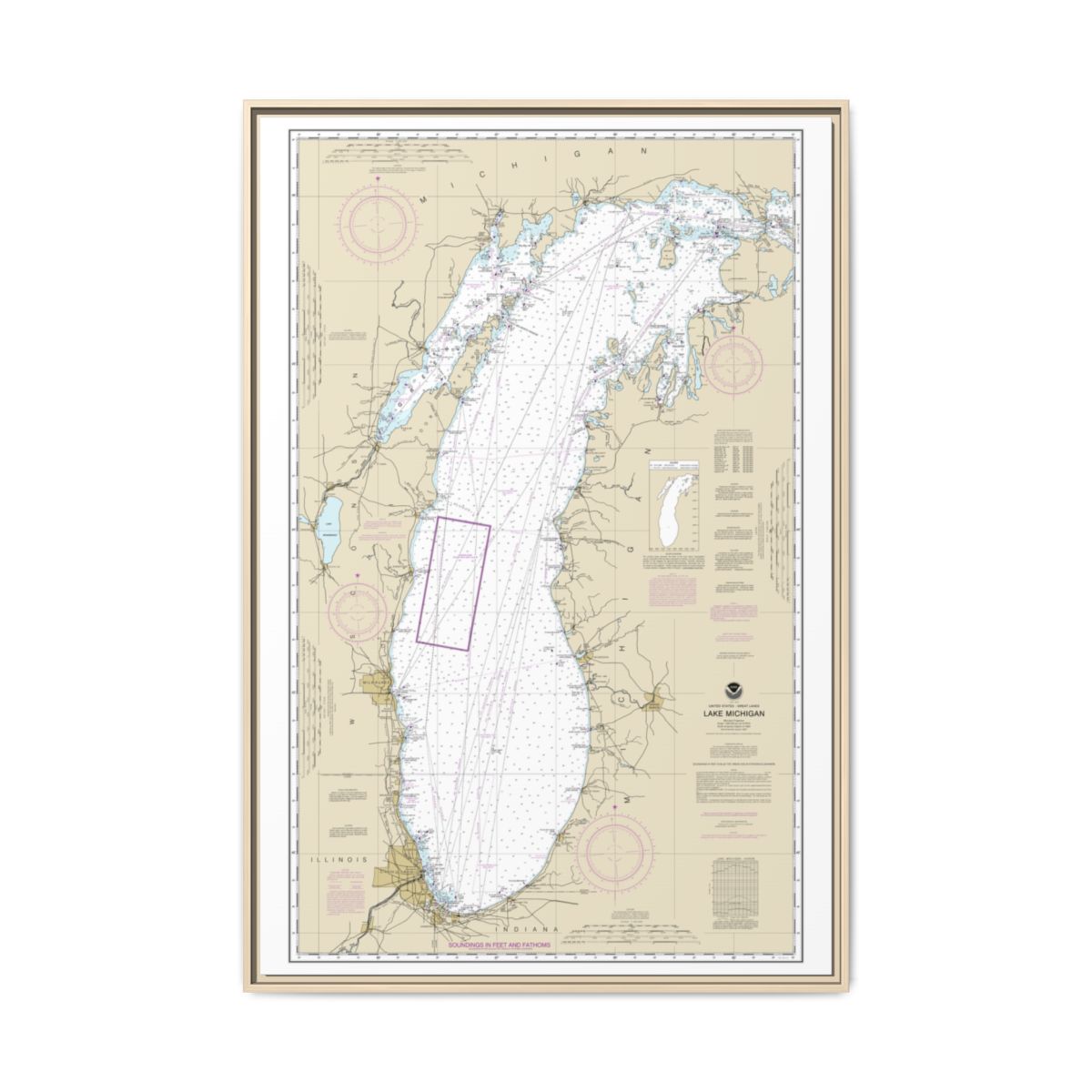 Chart 14901 Lake Michigan (Mercator Projection) - NOAA Nautical Chart Floating Frame Canvas | 20" x 30" | 24" x 36" | 32" x 48" - Natural front