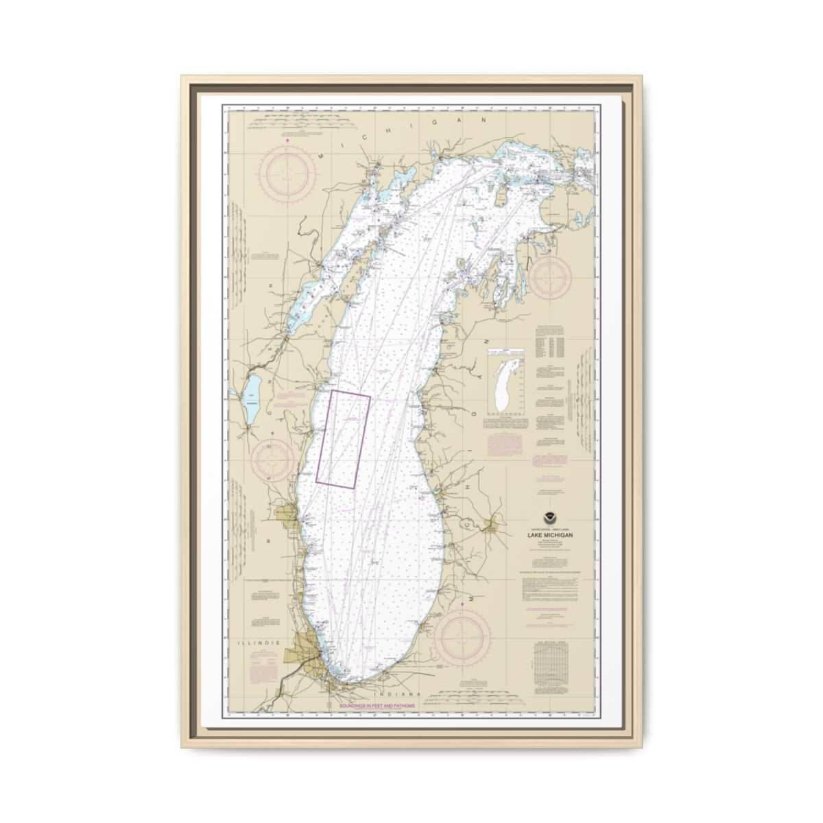 Chart 14901 Lake Michigan (Mercator Projection) - NOAA Nautical Chart Floating Frame Canvas | 20" x 30" | 24" x 36" | 32" x 48" - Natural front