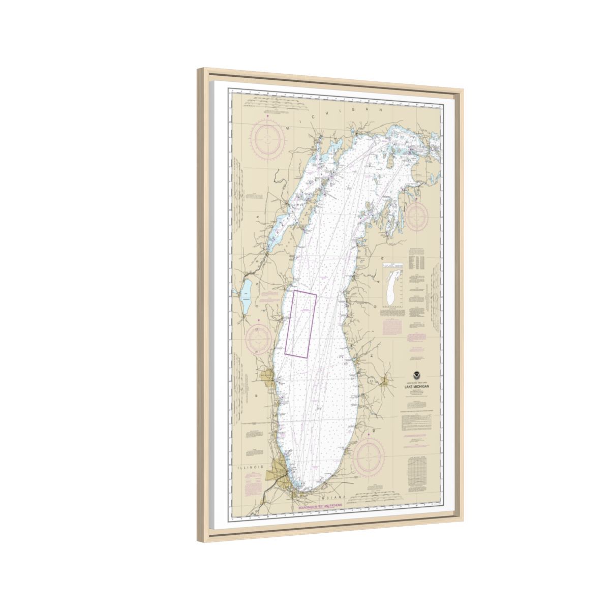 Chart 14901 Lake Michigan (Mercator Projection) - NOAA Nautical Chart Floating Frame Canvas | 20" x 30" | 24" x 36" | 32" x 48" - Natural side