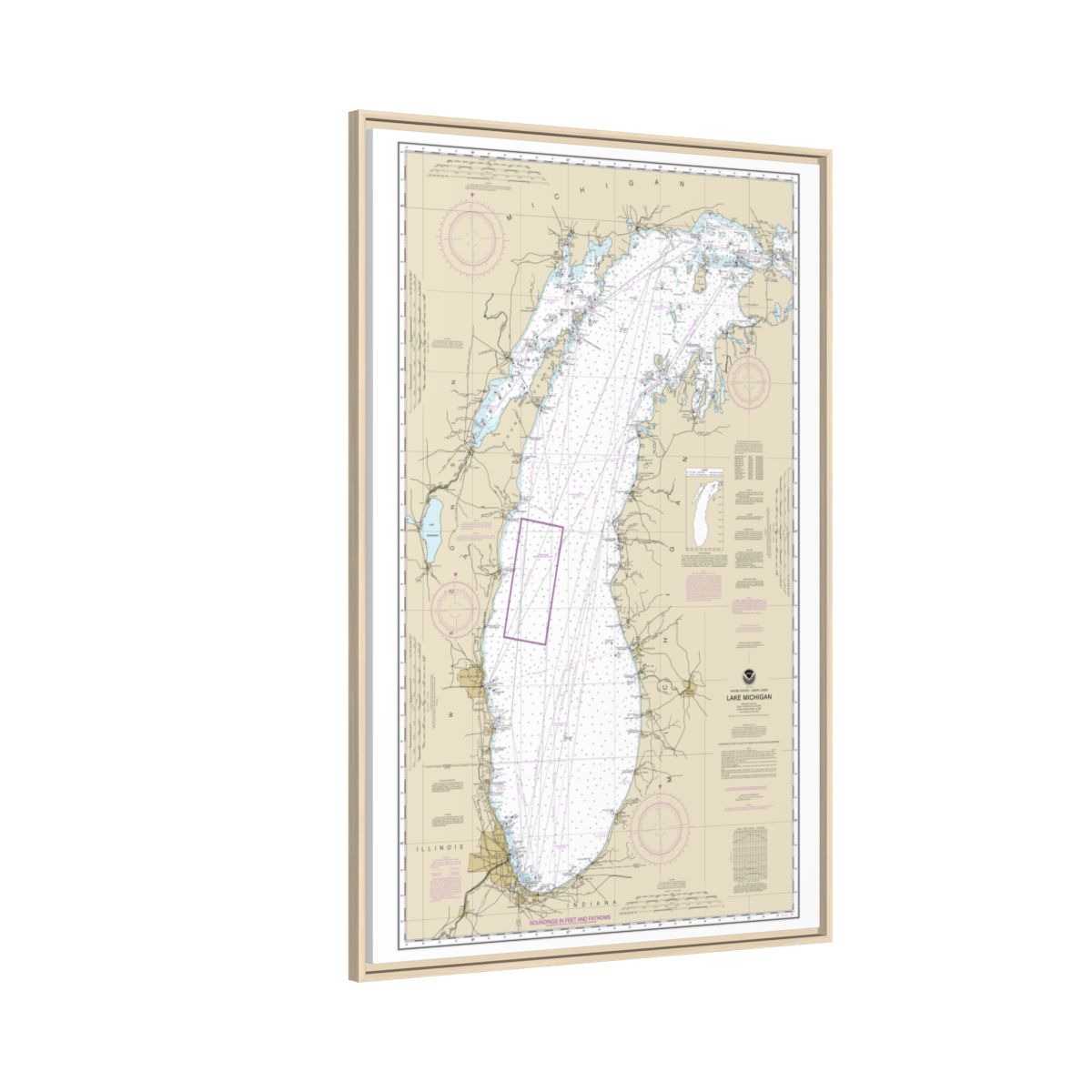 Chart 14901 Lake Michigan (Mercator Projection) - NOAA Nautical Chart Floating Frame Canvas | 20" x 30" | 24" x 36" | 32" x 48" - Natural side