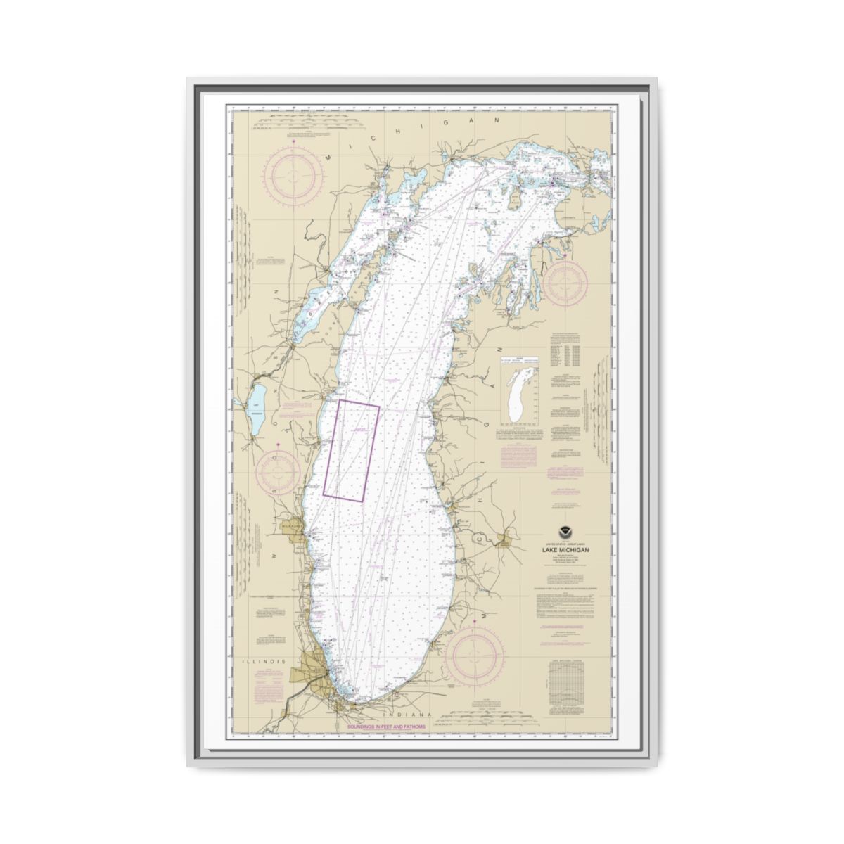 Chart 14901 Lake Michigan (Mercator Projection) - NOAA Nautical Chart Floating Frame Canvas | 20" x 30" | 24" x 36" | 32" x 48" - White front