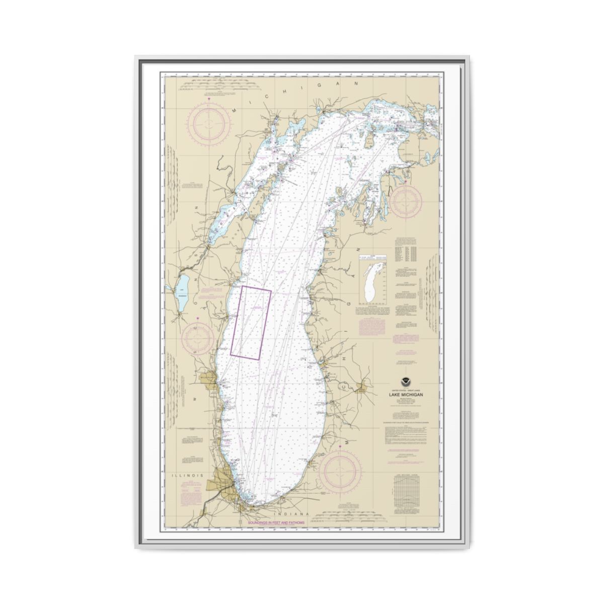 Chart 14901 Lake Michigan (Mercator Projection) - NOAA Nautical Chart Floating Frame Canvas | 20" x 30" | 24" x 36" | 32" x 48" - White front