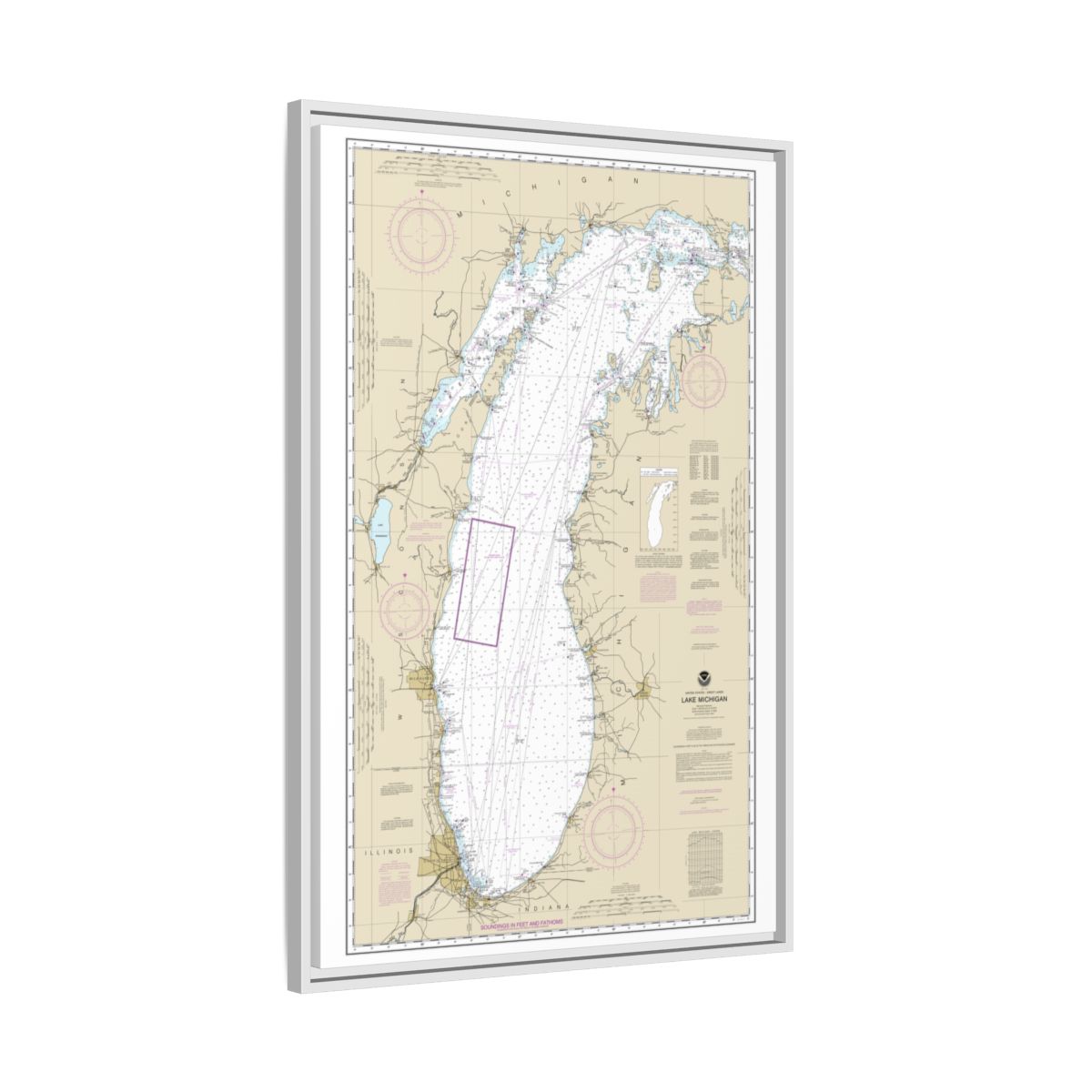 Chart 14901 Lake Michigan (Mercator Projection) - NOAA Nautical Chart Floating Frame Canvas | 20" x 30" | 24" x 36" | 32" x 48" - White side