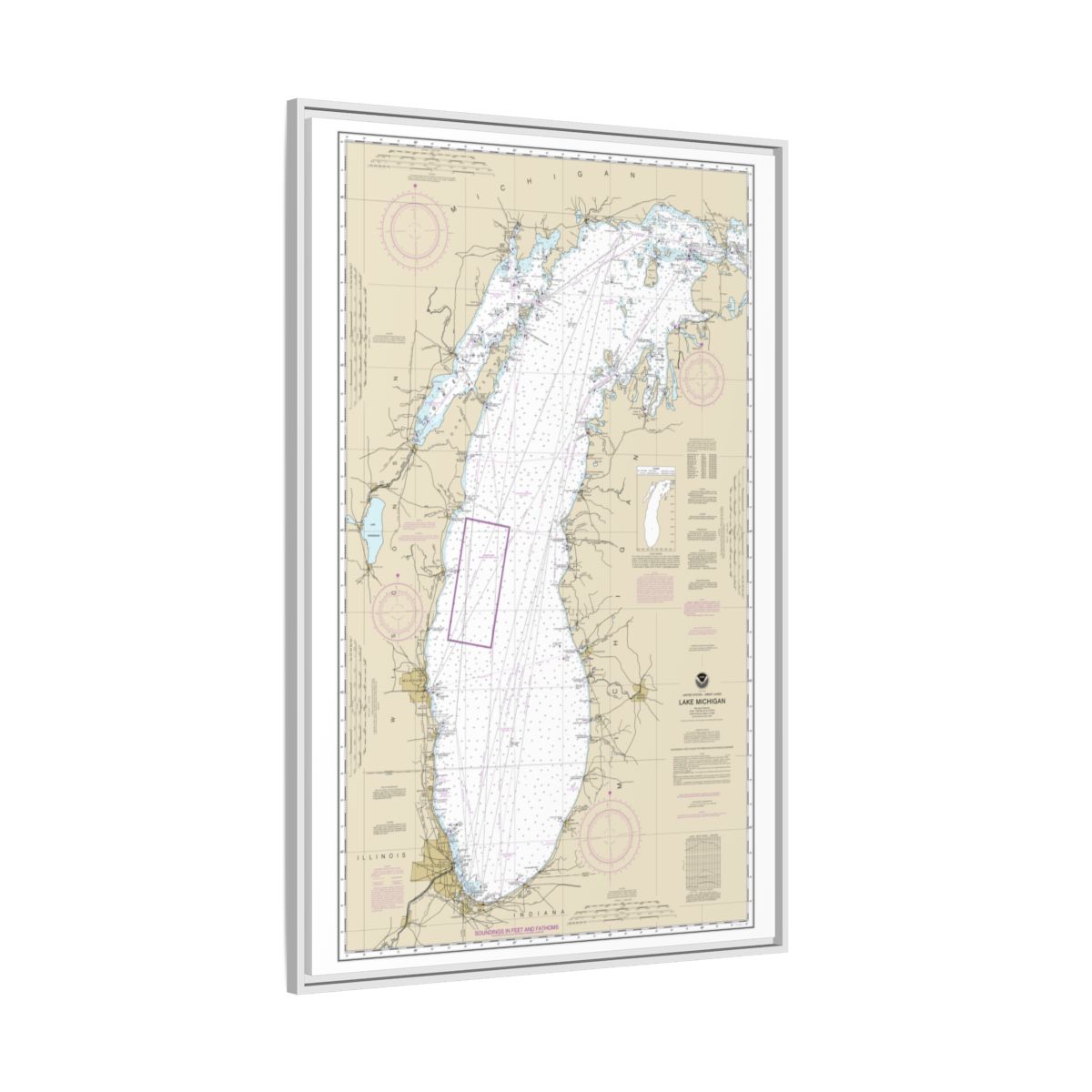 Chart 14901 Lake Michigan (Mercator Projection) - NOAA Nautical Chart Floating Frame Canvas | 20" x 30" | 24" x 36" | 32" x 48" - White side