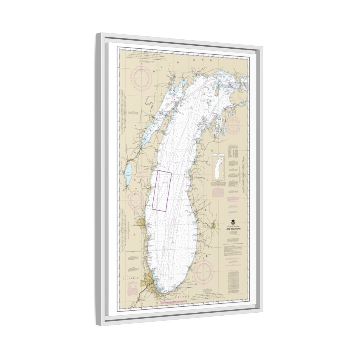 Chart 14901 Lake Michigan (Mercator Projection) - NOAA Nautical Chart Floating Frame Canvas | 20" x 30" | 24" x 36" | 32" x 48" - White side