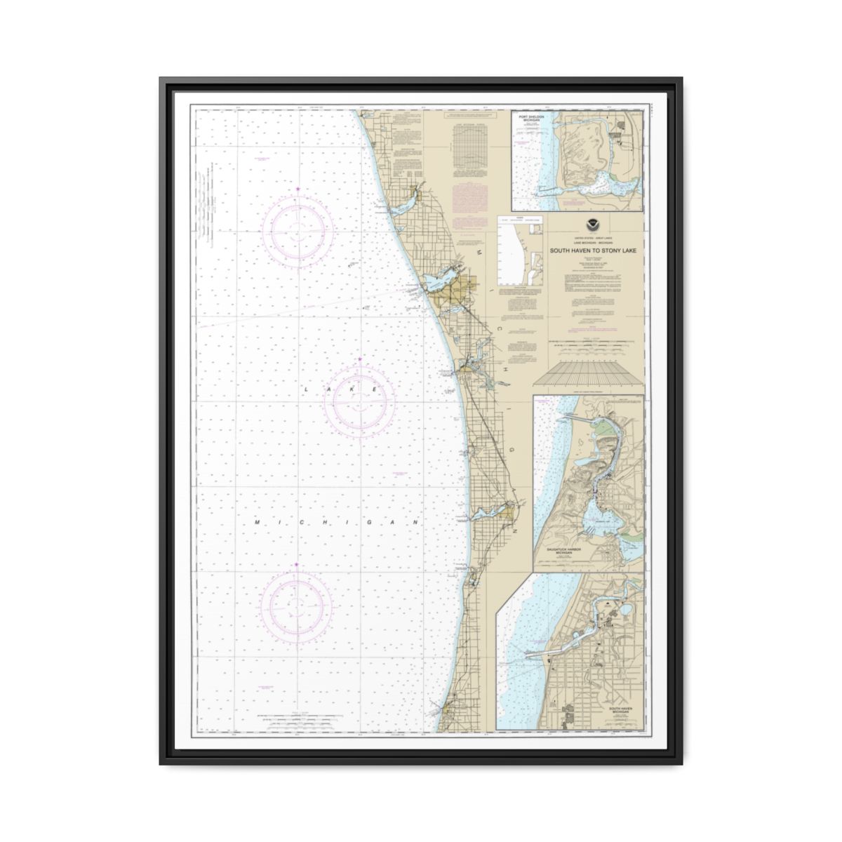 Chart 14906 South Haven to Stony Lake;South Haven;Port Sheldon;Saugatuck Harbor - NOAA Nautical Chart Floating Frame Canvas | 24" x 32" | 30" x 40" - Black front