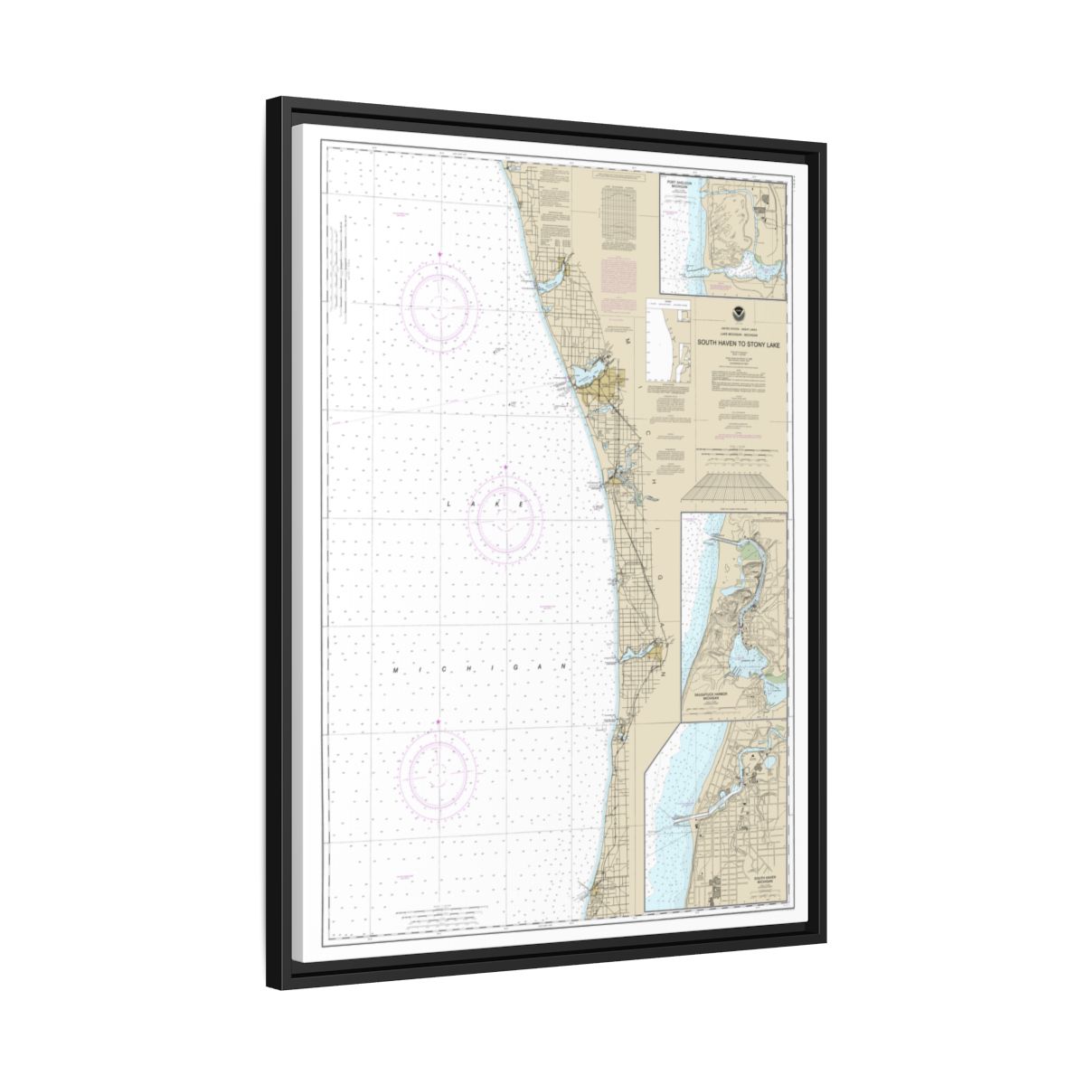 Chart 14906 South Haven to Stony Lake;South Haven;Port Sheldon;Saugatuck Harbor - NOAA Nautical Chart Floating Frame Canvas | 24" x 32" | 30" x 40" - Black side