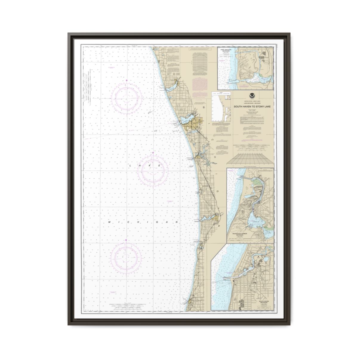 Chart 14906 South Haven to Stony Lake;South Haven;Port Sheldon;Saugatuck Harbor - NOAA Nautical Chart Floating Frame Canvas | 24" x 32" | 30" x 40" - Espresso front