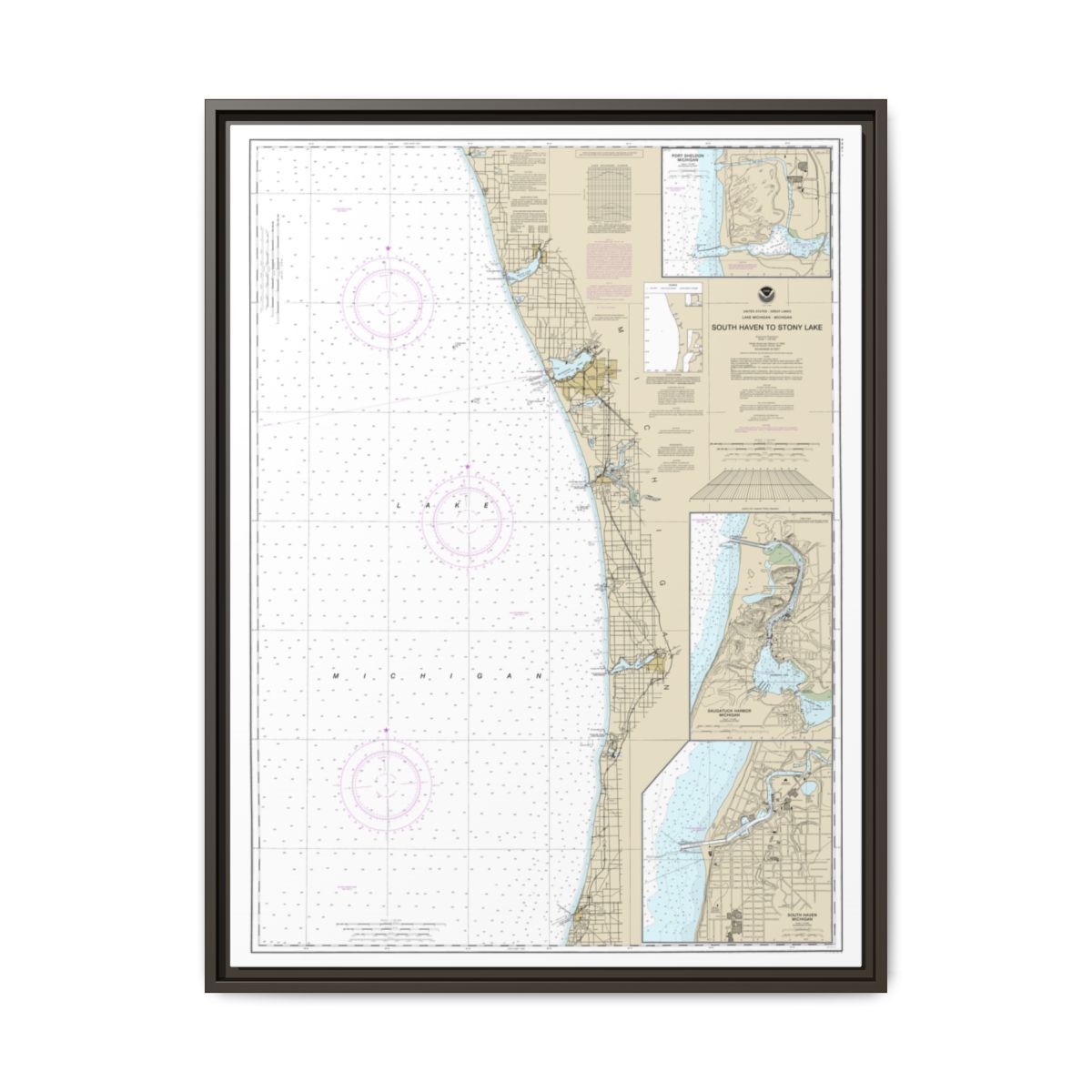 Chart 14906 South Haven to Stony Lake;South Haven;Port Sheldon;Saugatuck Harbor - NOAA Nautical Chart Floating Frame Canvas | 24" x 32" | 30" x 40" - Espresso front