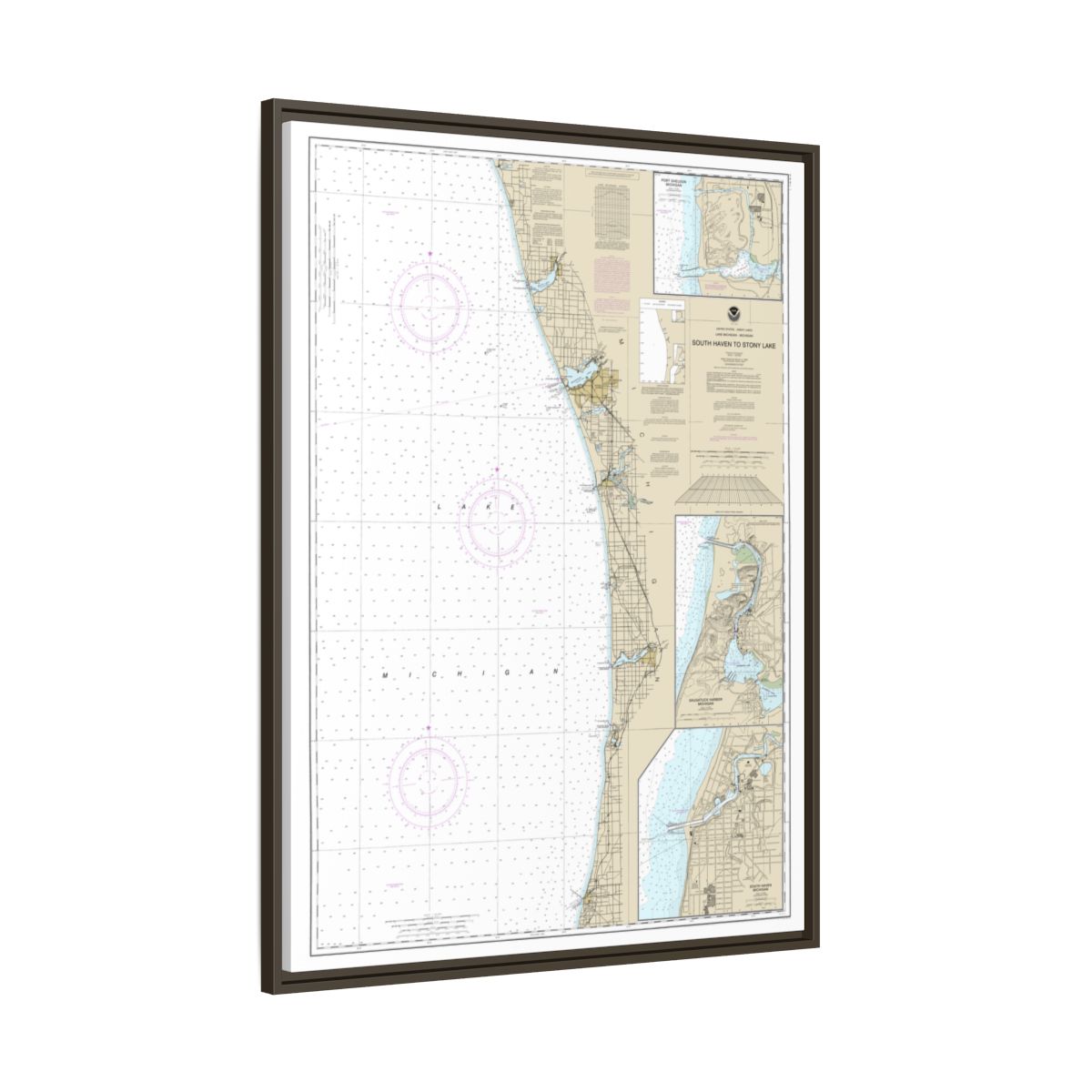 Chart 14906 South Haven to Stony Lake;South Haven;Port Sheldon;Saugatuck Harbor - NOAA Nautical Chart Floating Frame Canvas | 24" x 32" | 30" x 40" - Espresso side