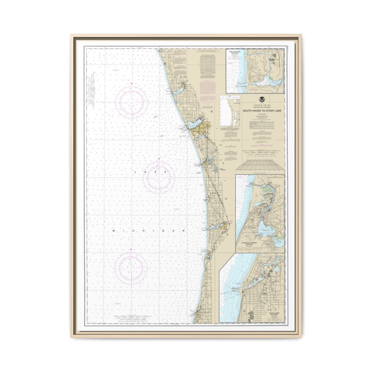 Chart 14906 South Haven to Stony Lake;South Haven;Port Sheldon;Saugatuck Harbor - NOAA Nautical Chart Floating Frame Canvas | 24" x 32" | 30" x 40" - Natural front