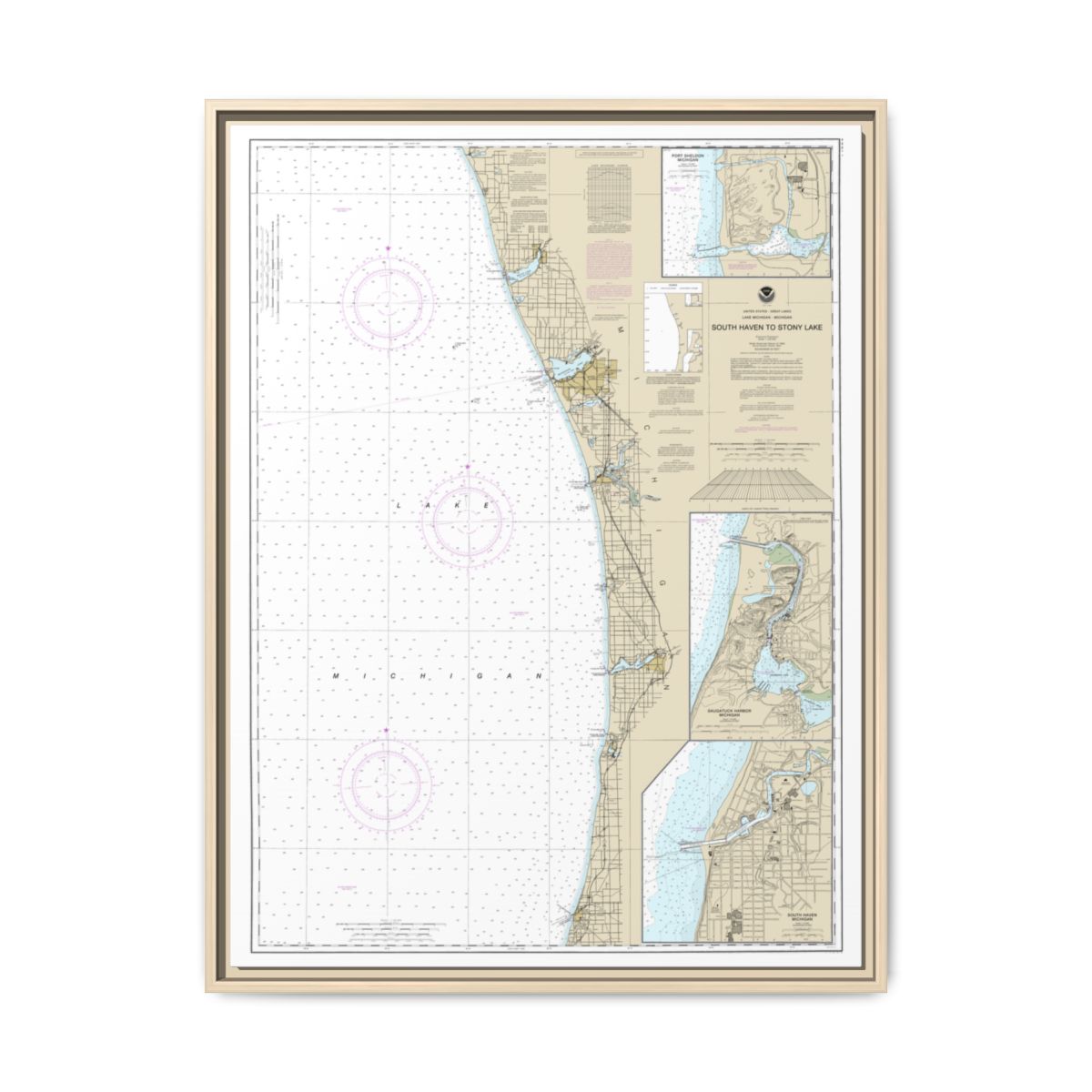 Chart 14906 South Haven to Stony Lake;South Haven;Port Sheldon;Saugatuck Harbor - NOAA Nautical Chart Floating Frame Canvas | 24" x 32" | 30" x 40" - Natural front