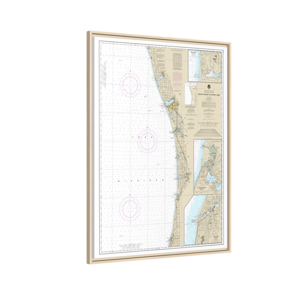 Chart 14906 South Haven to Stony Lake;South Haven;Port Sheldon;Saugatuck Harbor - NOAA Nautical Chart Floating Frame Canvas | 24" x 32" | 30" x 40" - Natural side