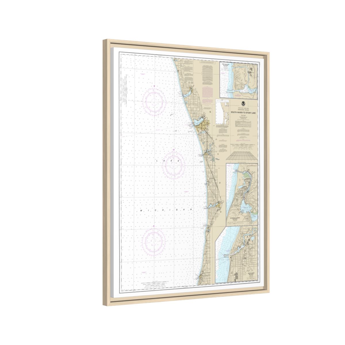 Chart 14906 South Haven to Stony Lake;South Haven;Port Sheldon;Saugatuck Harbor - NOAA Nautical Chart Floating Frame Canvas | 24" x 32" | 30" x 40" - Natural side