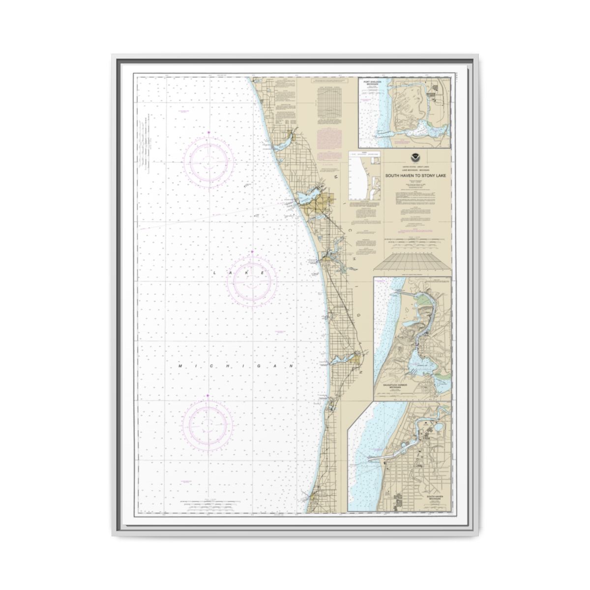 Chart 14906 South Haven to Stony Lake;South Haven;Port Sheldon;Saugatuck Harbor - NOAA Nautical Chart Floating Frame Canvas | 24" x 32" | 30" x 40" - White front