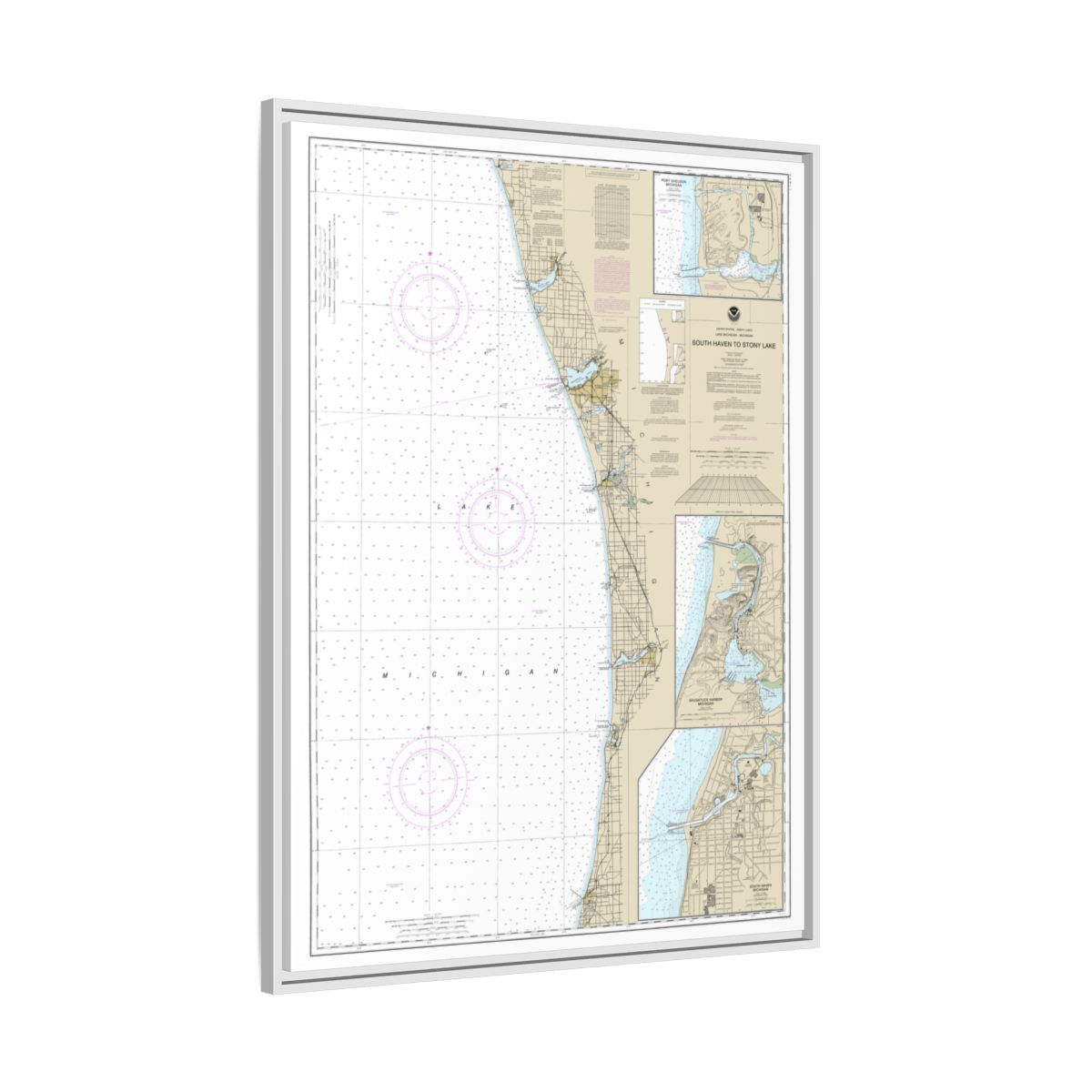 Chart 14906 South Haven to Stony Lake;South Haven;Port Sheldon;Saugatuck Harbor - NOAA Nautical Chart Floating Frame Canvas | 24" x 32" | 30" x 40" - White side
