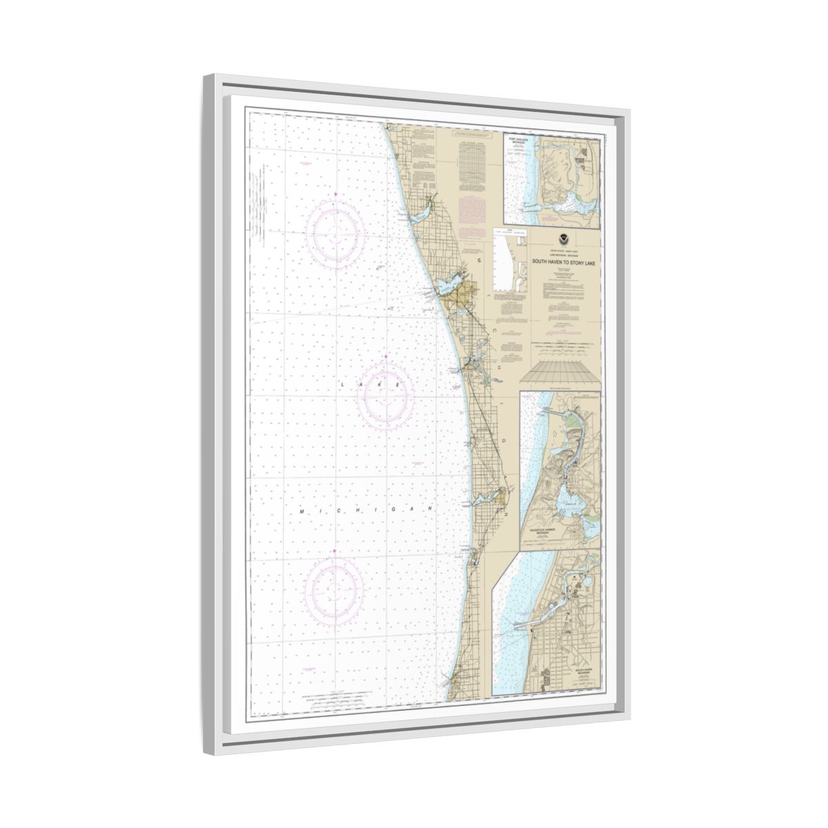 Chart 14906 South Haven to Stony Lake;South Haven;Port Sheldon;Saugatuck Harbor - NOAA Nautical Chart Floating Frame Canvas | 24" x 32" | 30" x 40" - White side