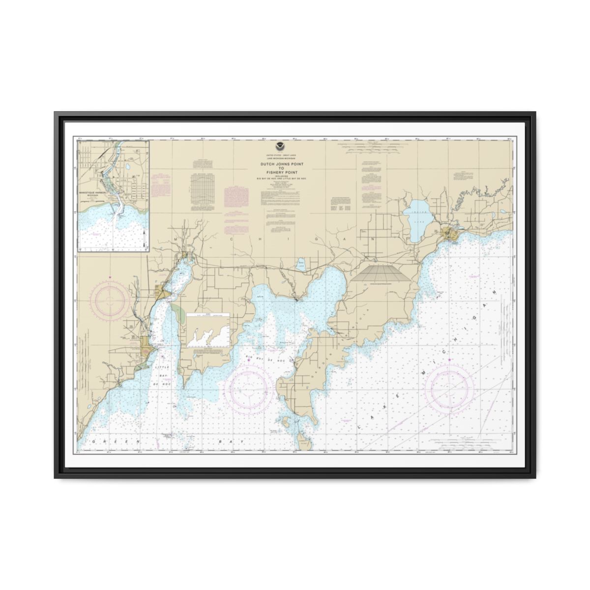 Chart 14908 Dutch Johns Point to Fishery Point, including Big Bay de Noc and Little Bay de Noc;Manistique - NOAA Nautical Chart Floating Frame Canvas | 32" x 24" | 40" x 30" - Black front
