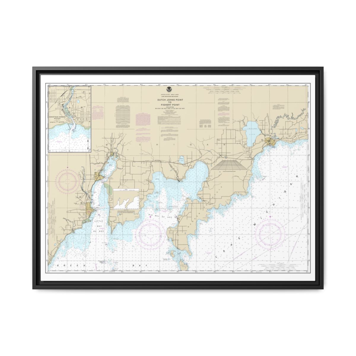 Chart 14908 Dutch Johns Point to Fishery Point, including Big Bay de Noc and Little Bay de Noc;Manistique - NOAA Nautical Chart Floating Frame Canvas | 32" x 24" | 40" x 30" - Black front